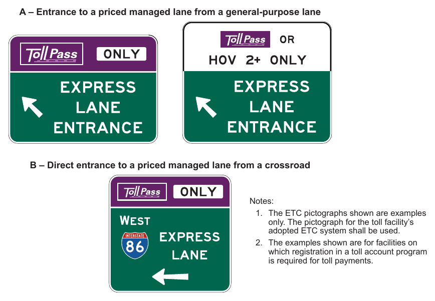 Figure 2G-19. Examples of Guide Signs for Entrances to Priced Managed Lanes