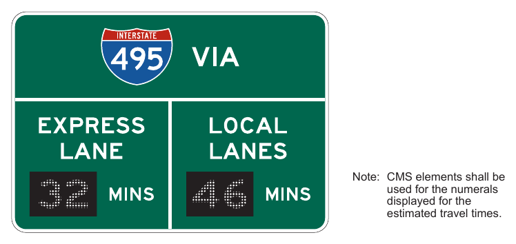 Figure 2G-26. Example of a Comparative Travel Time Information Sign for Preferential or Managed Lanes