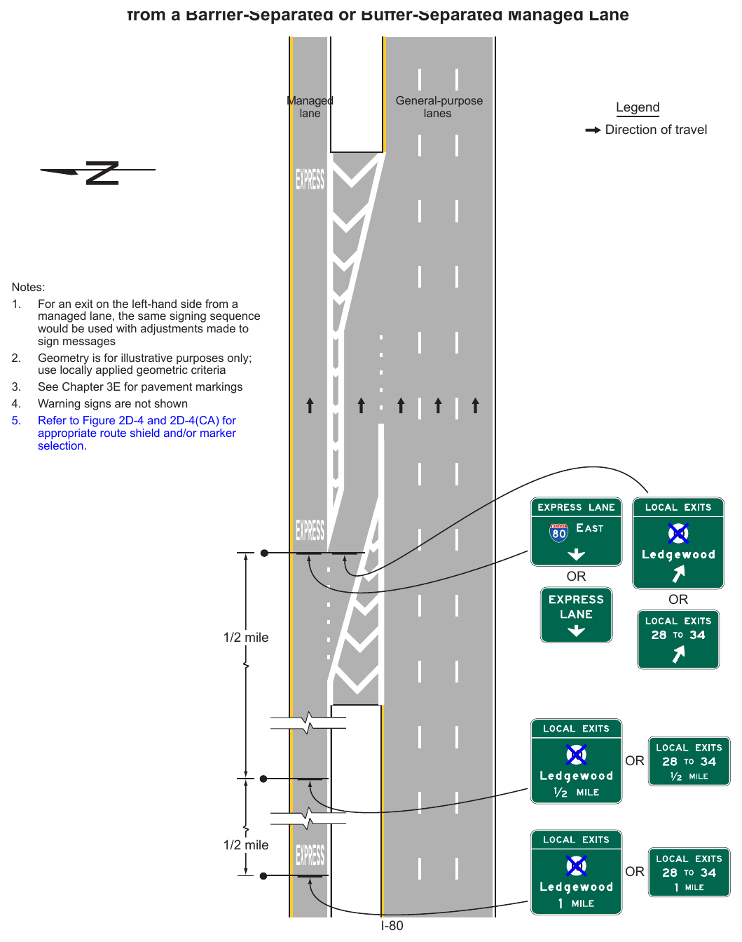 Figure 2G-27. Examples of Guide Signs for an Intermediate Egress from a Barrier-Separated or Buffer-Separated Managed Lane