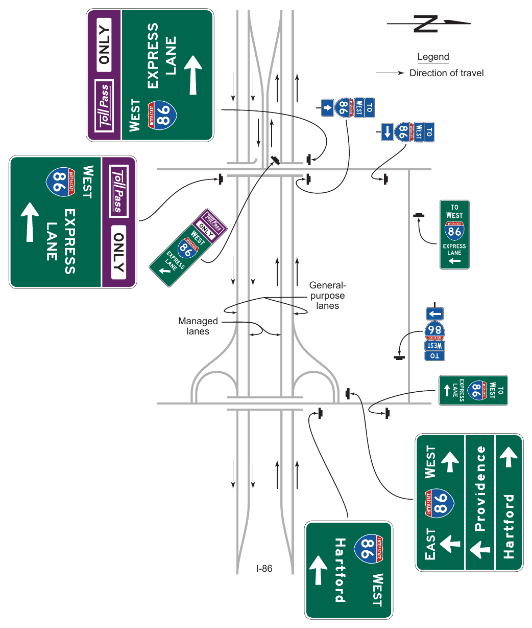 Figure 2G-30. Examples of Guide Signs for a Direct Entrance Ramp to a Priced Managed Lane and Trailblazing to a Nearby Entrance to the General-Purpose Lanes