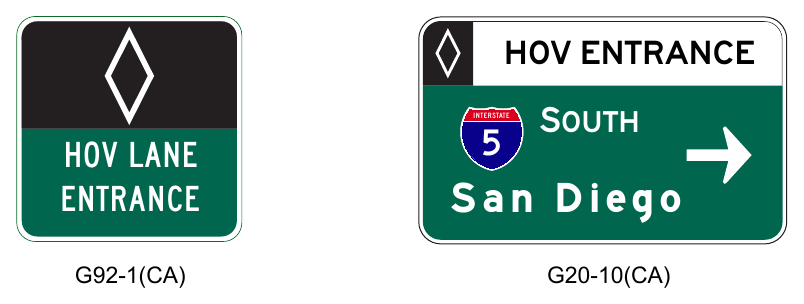 Figure 2G-6(CA). California Examples of Overhead or Post-Mounted Preferential Lane Entrance Direction Signs