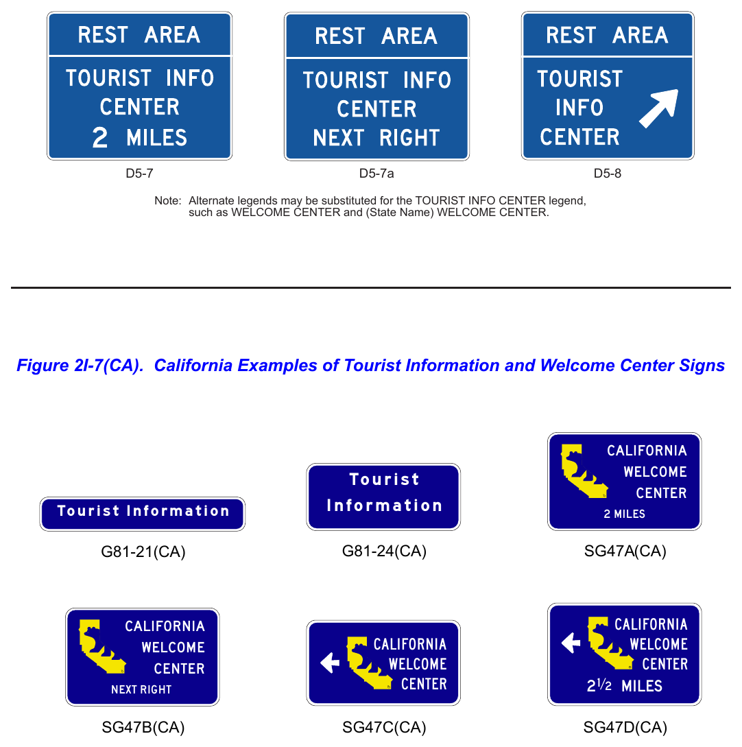 Figure 2I-7. Examples of Tourist Information and Welcome Center Signs