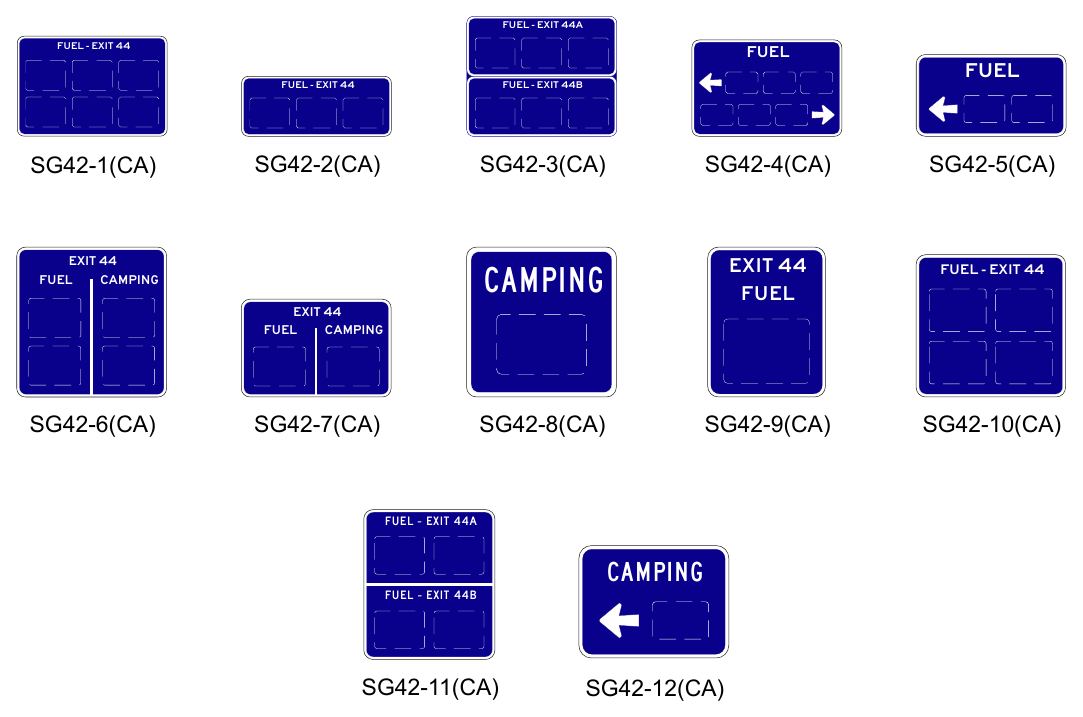 Figure 2J-1(CA). California Examples of Business Identification Panel Arrangements on Specific Service Signs