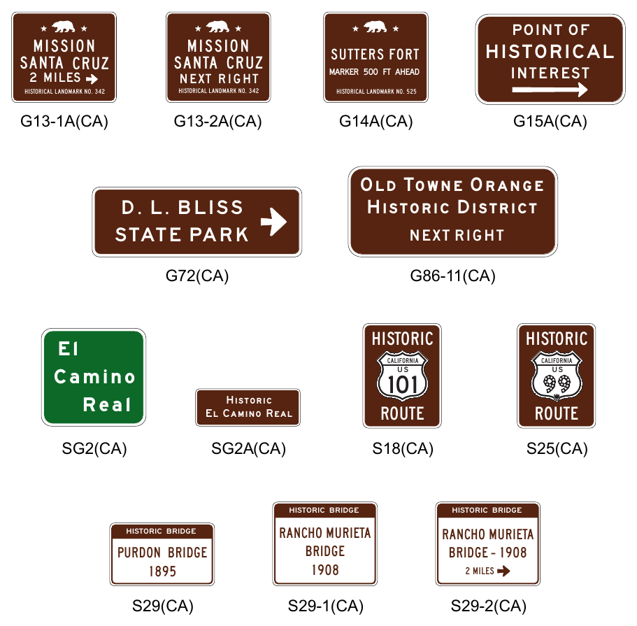 Figure 2M-2(CA). California Examples of Recreational and Cultural Interest Area Guide Signs