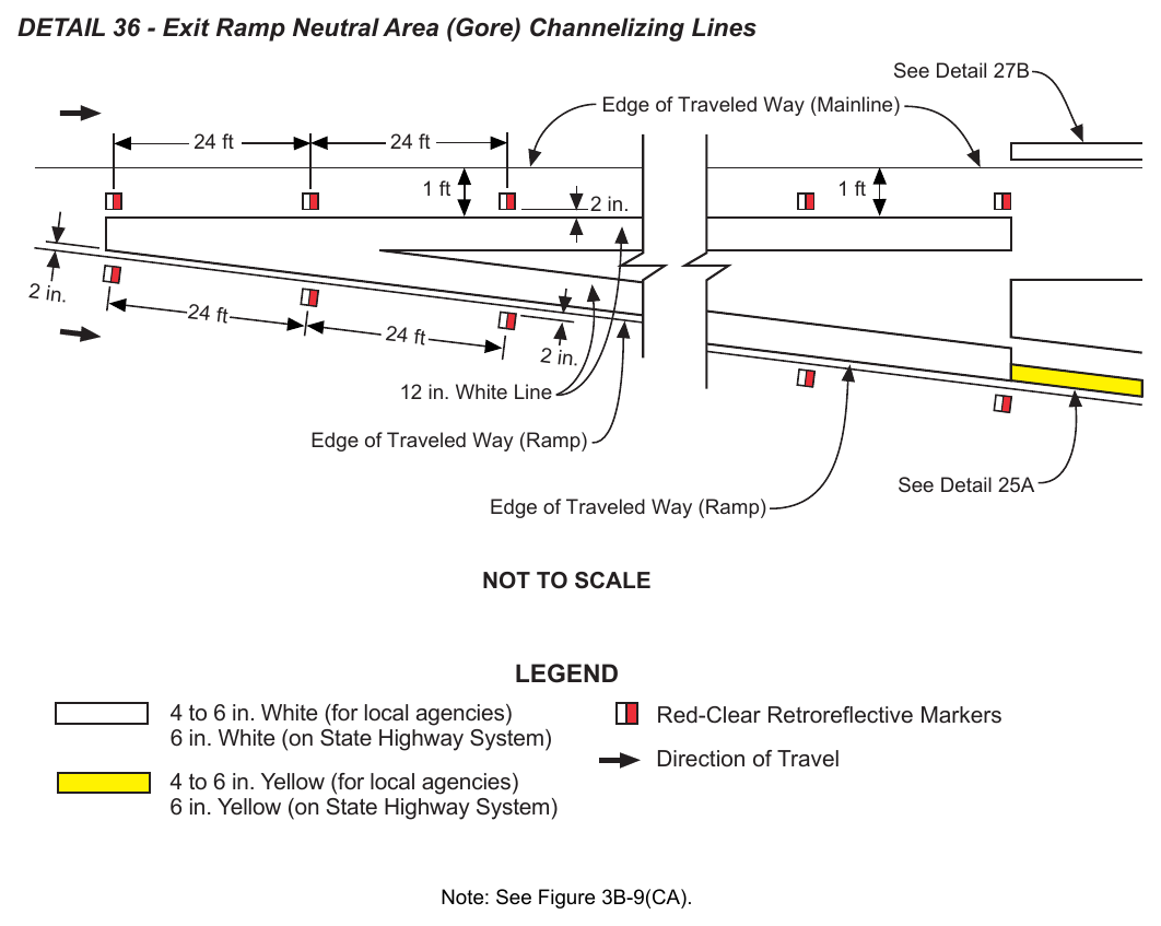 Figure 3A-110(CA). Freeway Exit and Entrance Ramp Channelizing Line (Sheet 1 of 2)