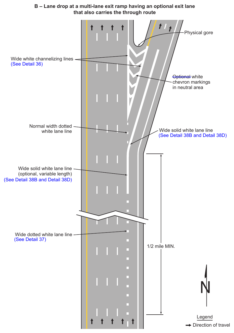 Figure 3B-11. Examples of Applications of Freeway and Expressway Lane-Drop Markings (Sheet 2 of 6)