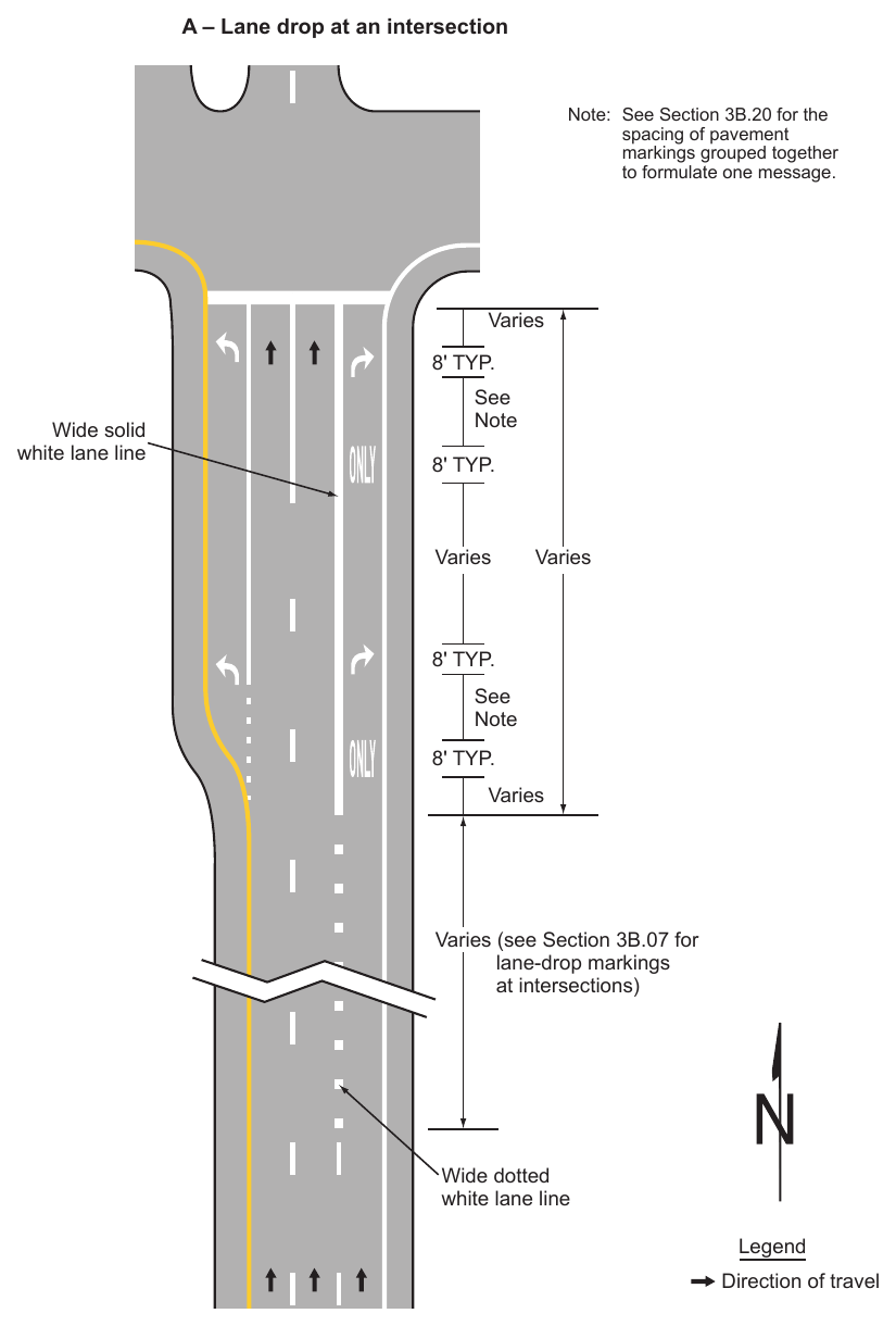 Figure 3B-12. Examples of Applications of Conventional Road Lane-Drop Markings (Sheet 1 of 2)