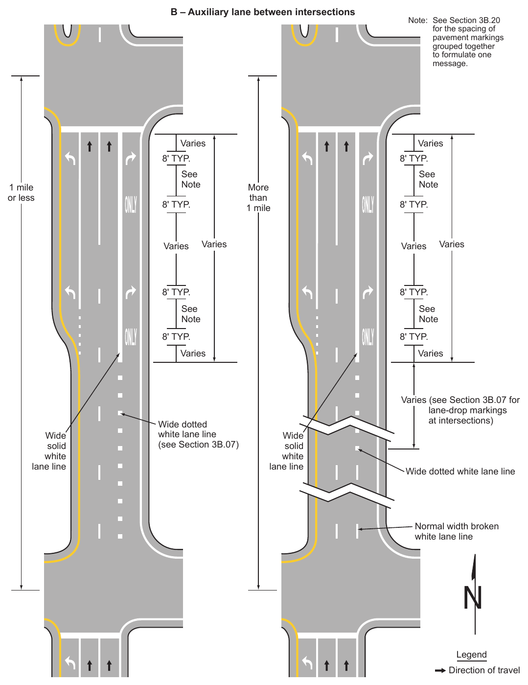 Figure 3B-12. Examples of Applications of Conventional Road Lane-Drop Markings (Sheet 2 of 2)