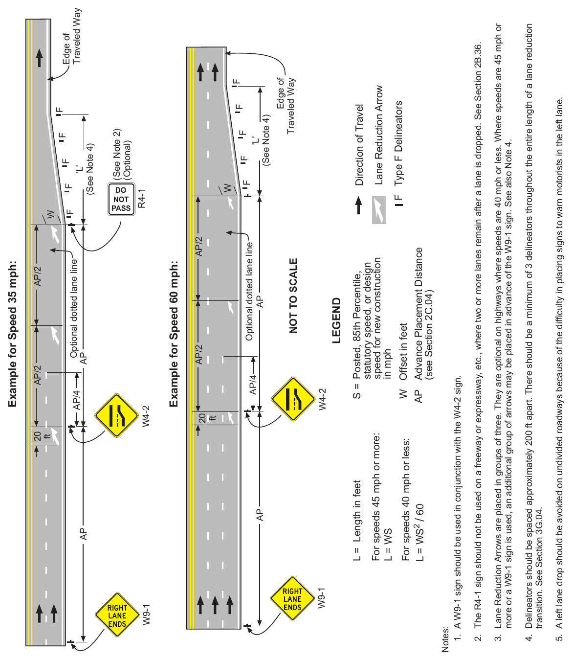 Figure 3B-14(CA). Examples of Applications of Lane-Reduction Transition Markings (Sheet 1 of 3)