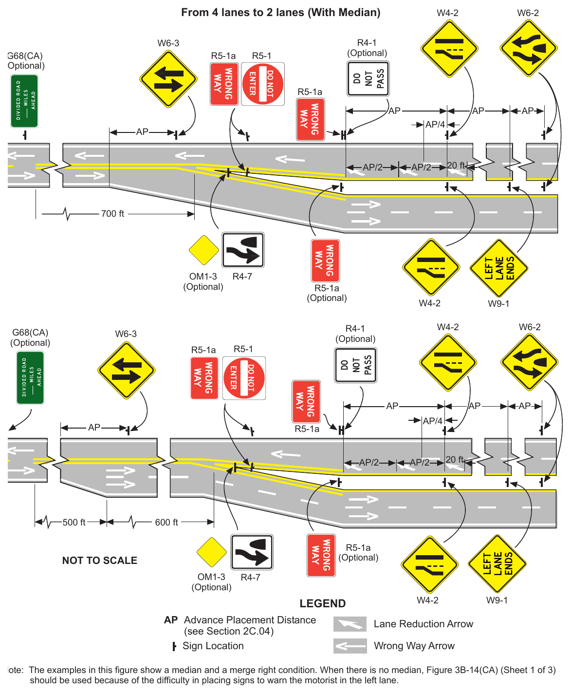 Figure 3B-14(CA). Examples of Applications of Lane-Reduction Transition Markings (Sheet 2 of 3)