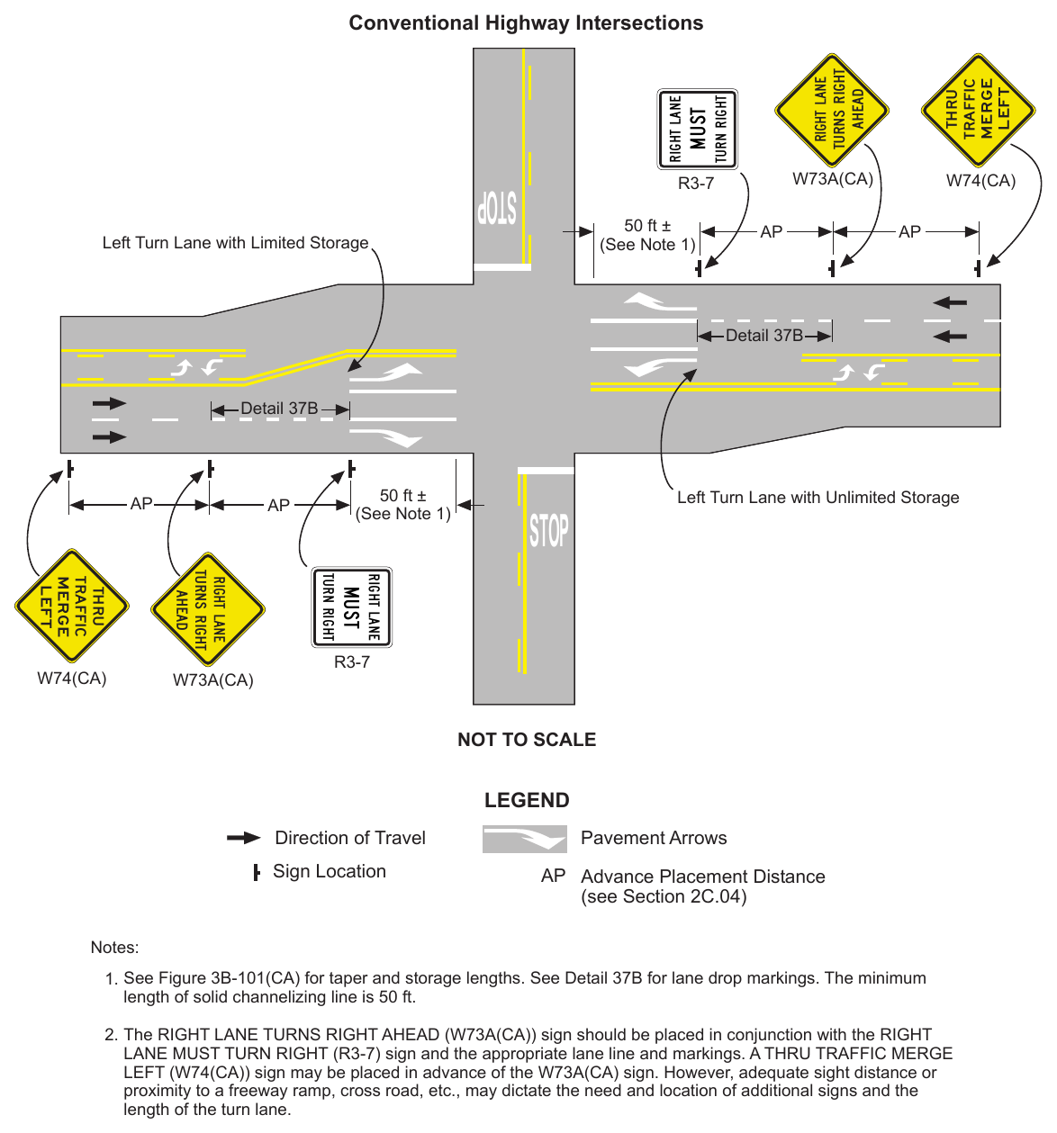 Figure 3B-14(CA). Examples of Applications of Lane-Reduction Transition Markings (Sheet 3 of 3)