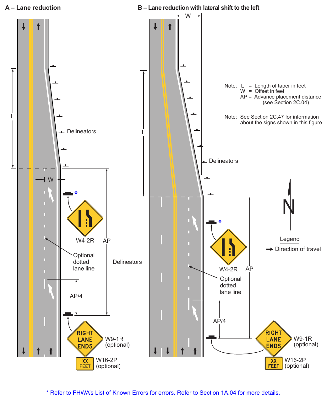 Figure 3B-14. Examples of Applications of Lane-Reduction Transition Markings