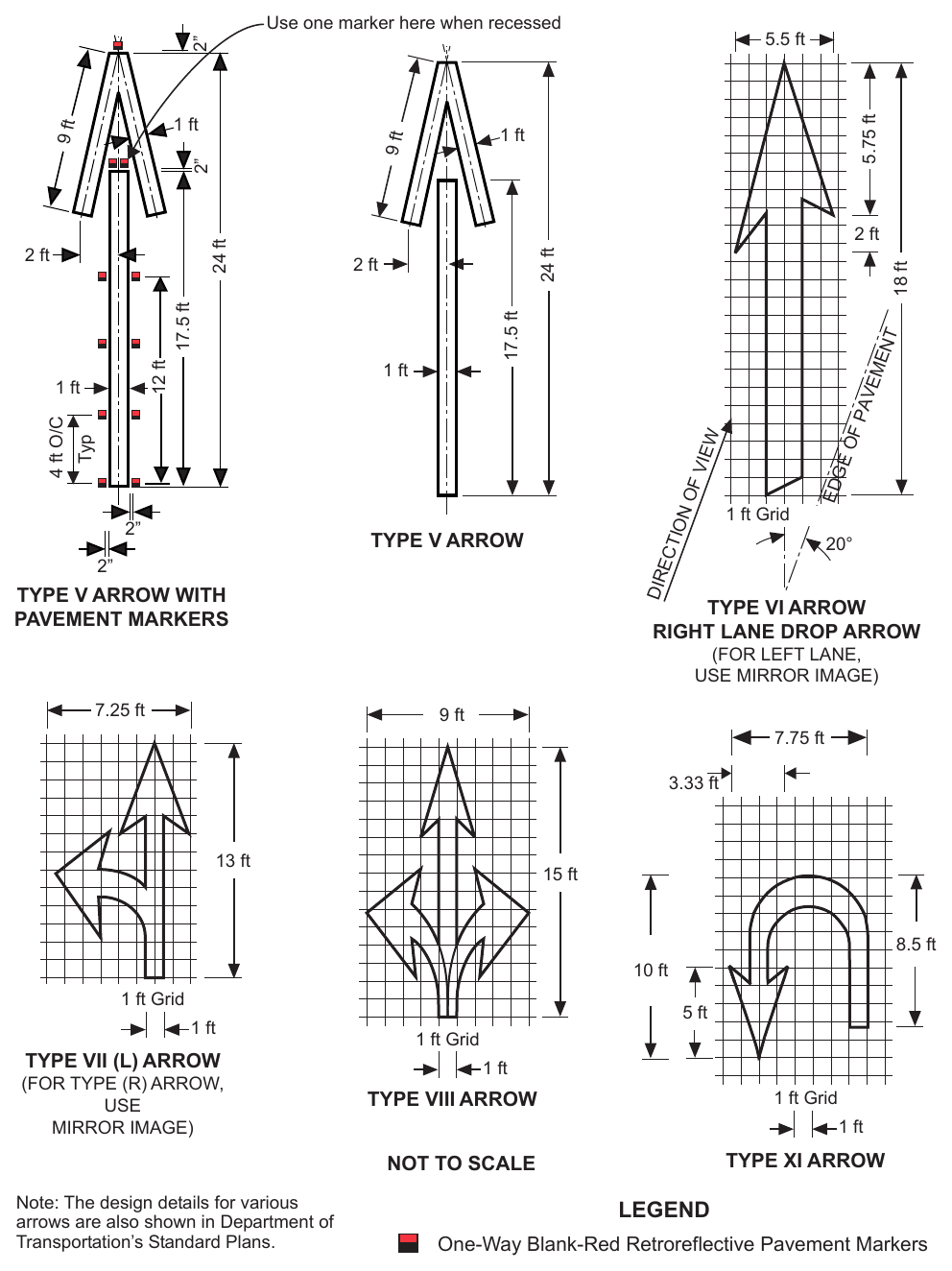 Figure 3B-21(CA). Examples of Standard Arrows for Pavement Markings (Sheet 2 of 9) Use one marker here when recessed