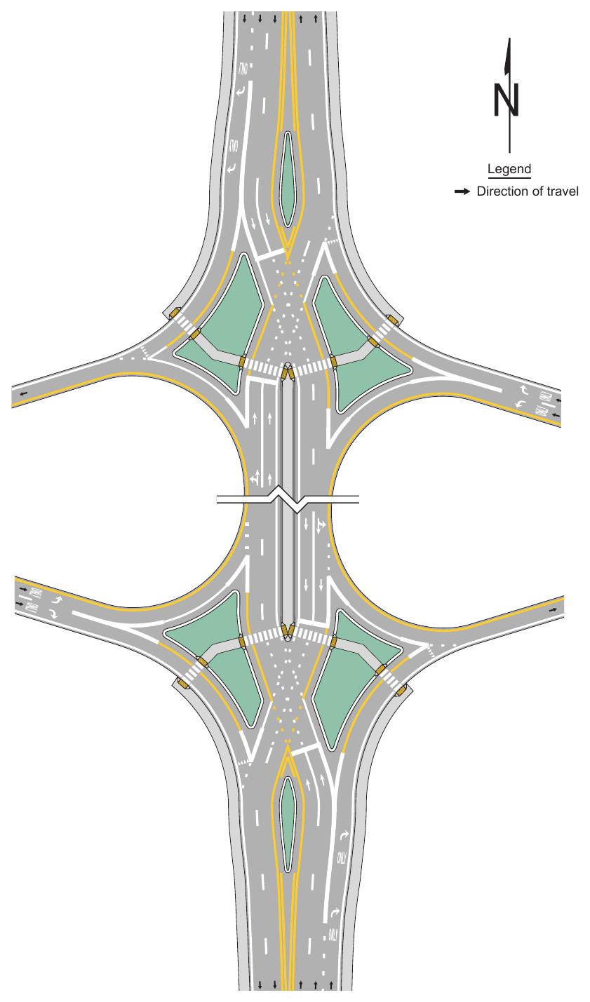 Figure 3B-29. Example of Pavement Markings for a Diamond Interchange with a Transposed Alignment Crossroad