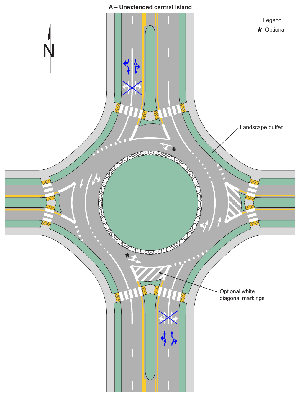 Figure 3D-3. Example of Markings for a Two-Lane Roundabout with One-Lane and Two-Lane Approaches (Sheet 1 of 2)