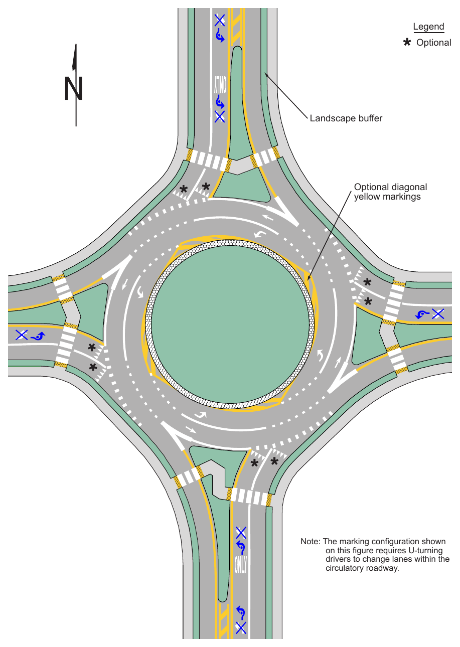 Figure 3D-4. Example of Markings for a Two-Lane Roundabout with One-Lane Exits