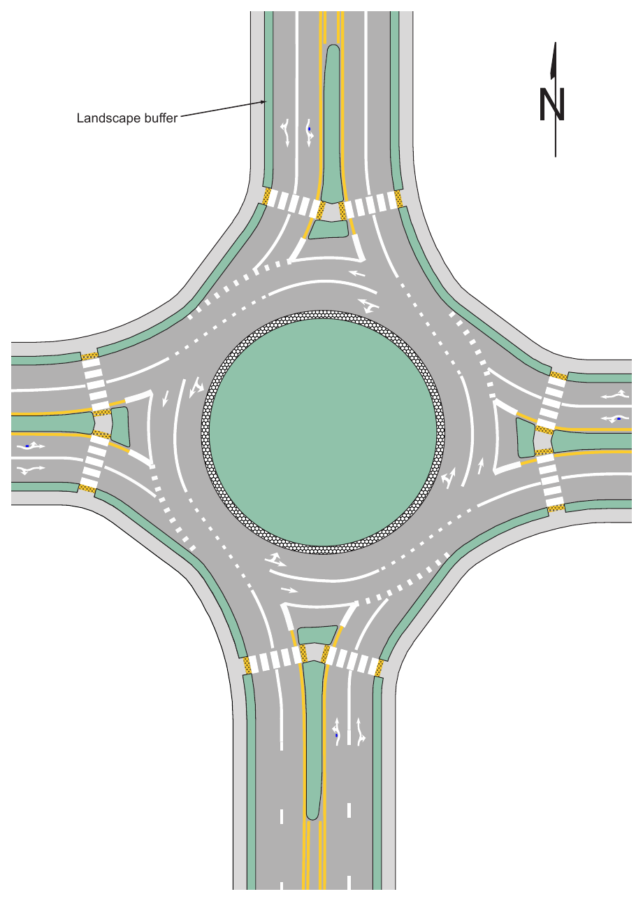 Figure 3D-5. Example of Markings for a Two-Lane Roundabout with Two-Lane Exits