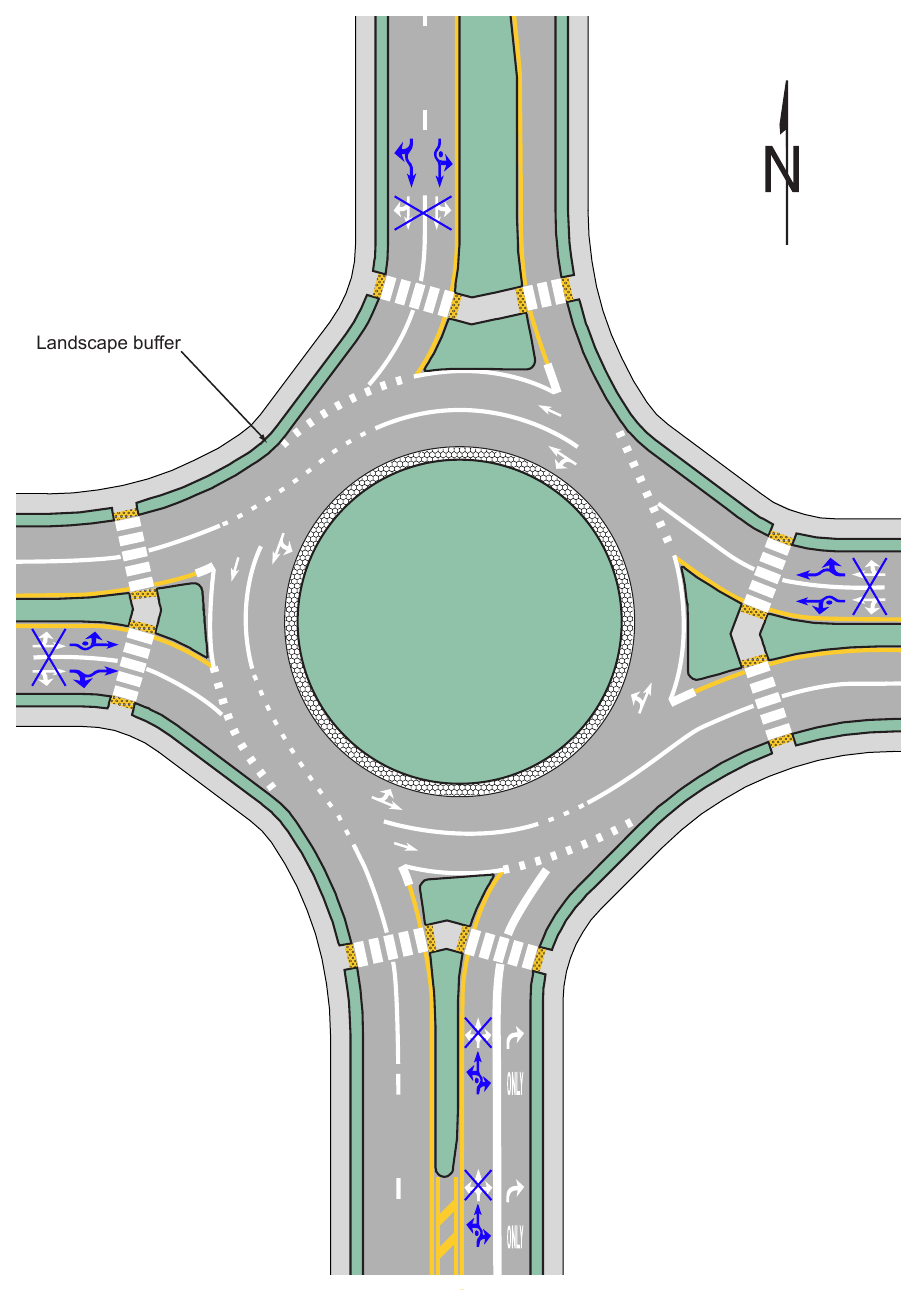Figure 3D-7. Example of Markings for a Two-Lane Roundabout with a Double Right Turn