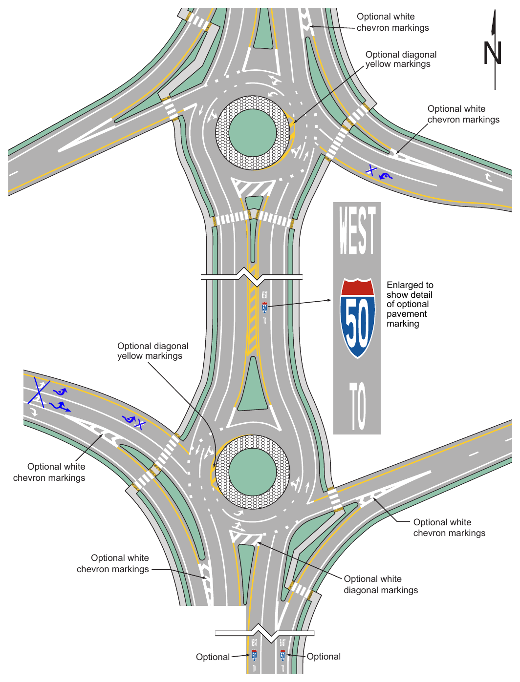 Figure 3D-8. Example of Markings for a Diamond Interchange with Two Circular-Shaped Roundabout Ramp Terminals