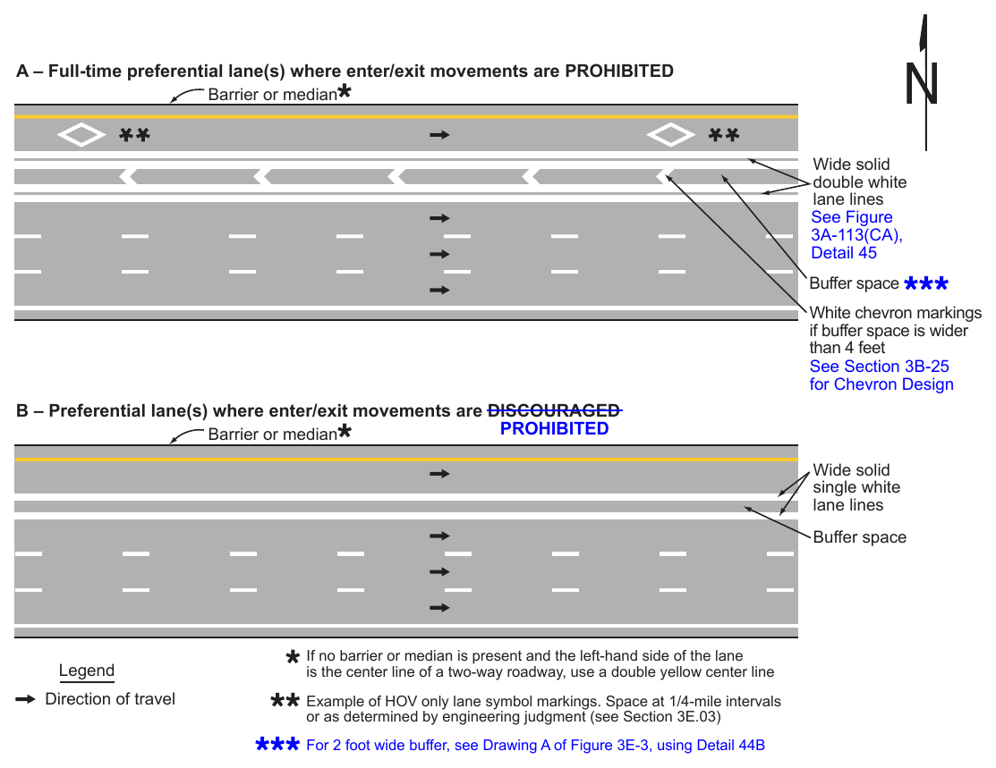 Figure 3E-2. Markings for Buffer-Separated Preferential Lanes (Sheet 1 of 2)