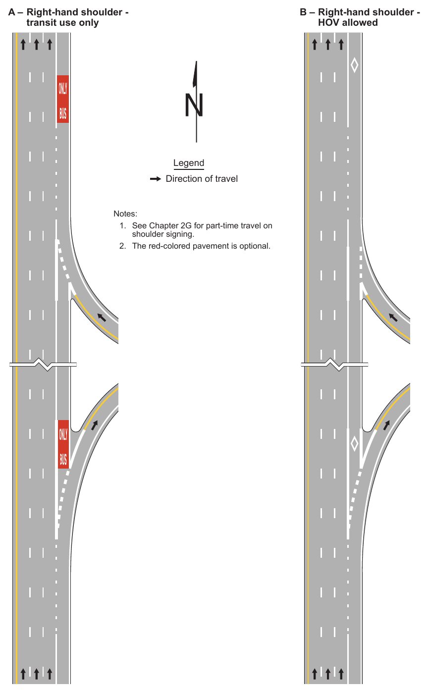 Figure 3E-5. Markings for Part-Time Travel on Shoulder and Application of Pavement Word Markings (Sheet 1 of 3)