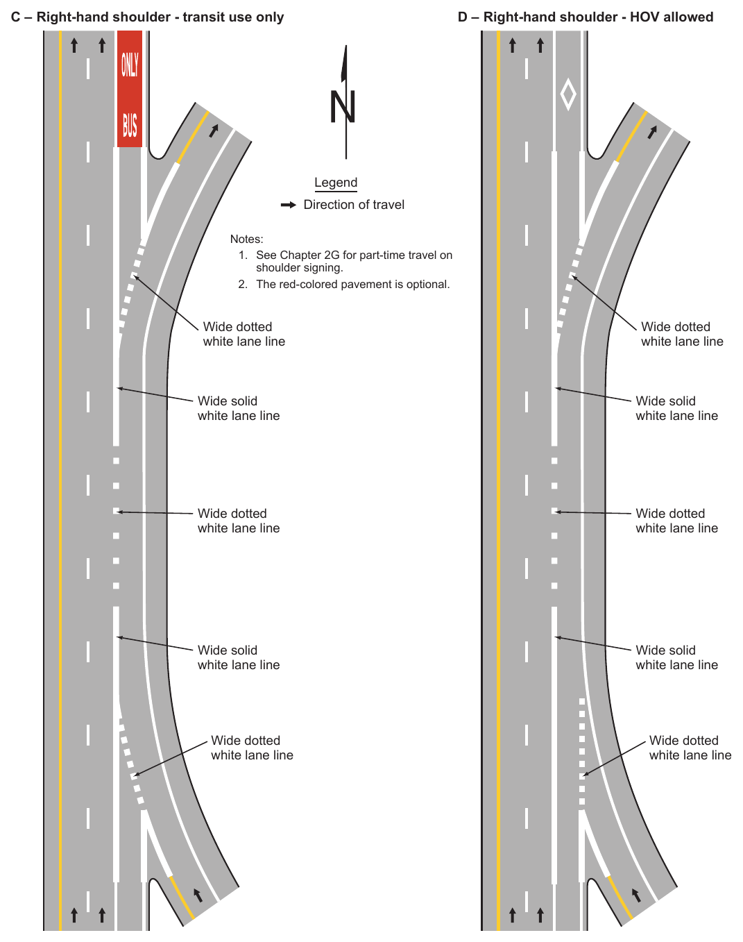 Figure 3E-5. Markings for Part-Time Travel on Shoulder and Application of Pavement Word Markings (Sheet 2 of 3)