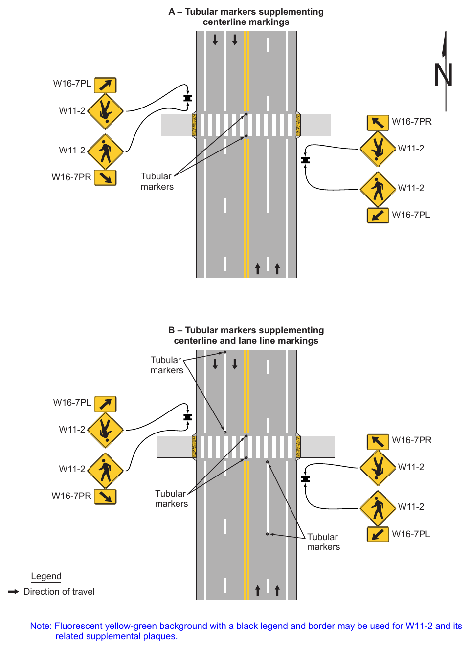 Figure 3I-1. Examples of Tubular Markers Supplementing Pavement Markings in Advance of an Unsignalized Crosswalk (Sheet 1 of 2)