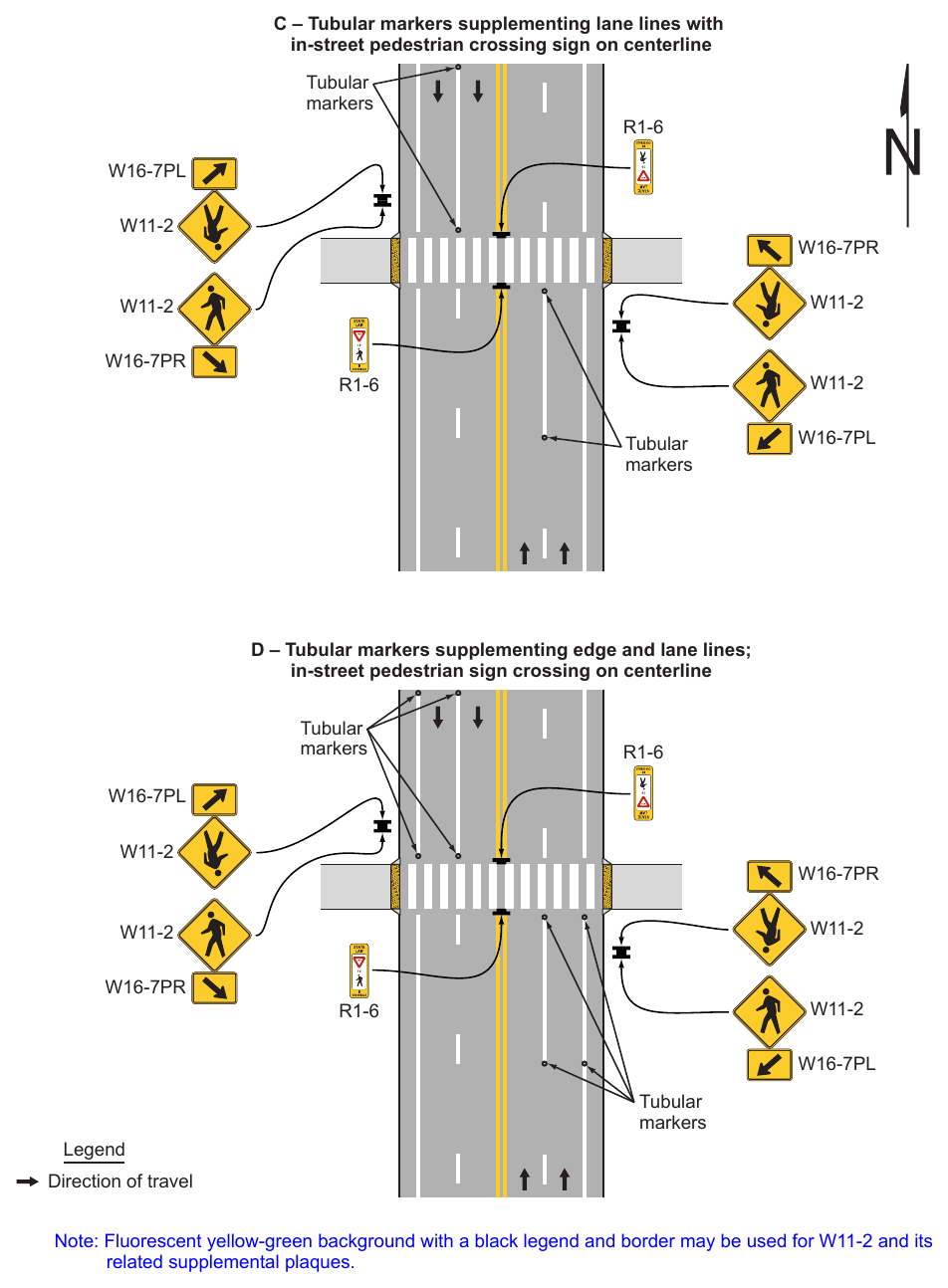 Figure 3I-1. Examples of Tubular Markers Supplementing Pavement Markings in Advance of an Unsignalized Crosswalk (Sheet 2 of 2)