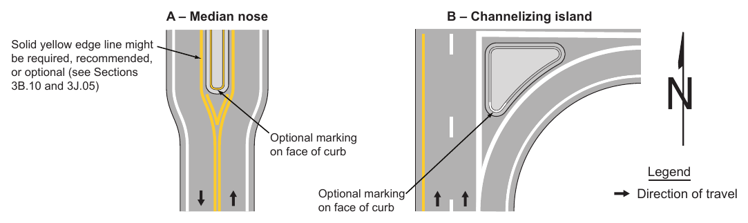 Figure 3J-3. Examples of Curb Markings for Raised Islands