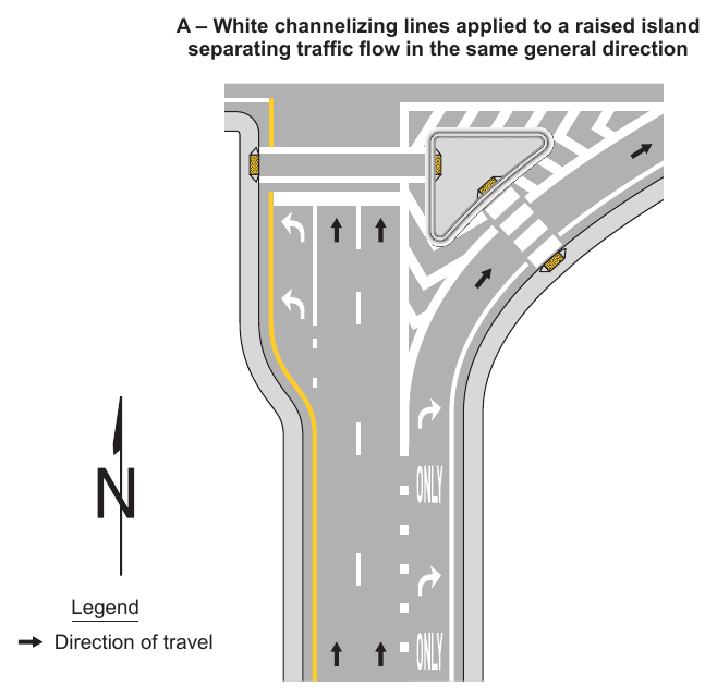 Figure 3J-4. Examples of Pavement Markings for Raised Islands (Sheet 1 of 2)