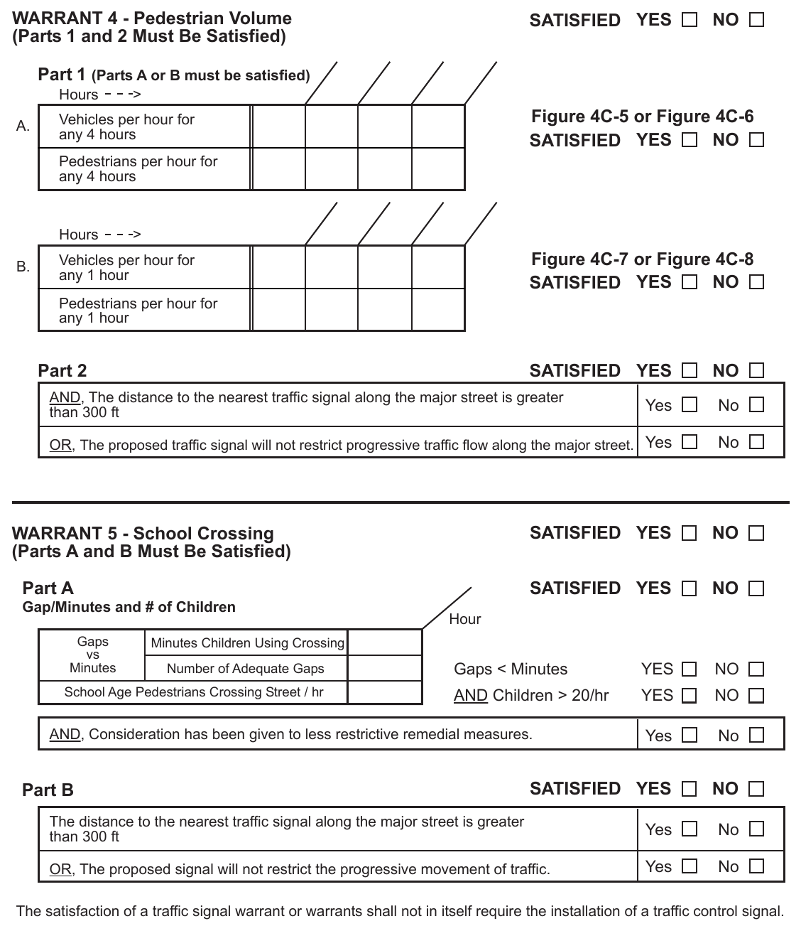 Figure 4C-101 (CA). Traffic Signal Warrants Worksheet (Sheet 3 of 5) WARRANT 4 - Pedestrian Volume (Parts 1 and 2 Must Be Satisfied)