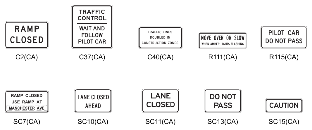 Figure 6G-101(CA). California Regulatory Signs and Plaques in Temporary Traffic Control Zones