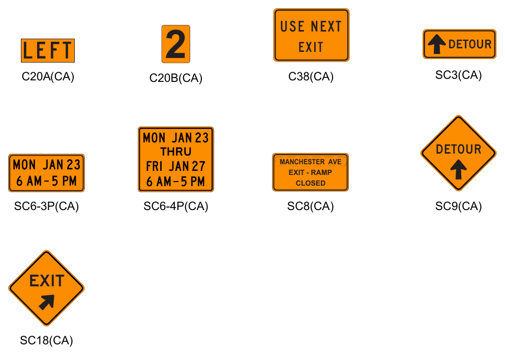 Figure 6I-1(CA). California Guide Signs and Plaques in Temporary Traffic Control Zones