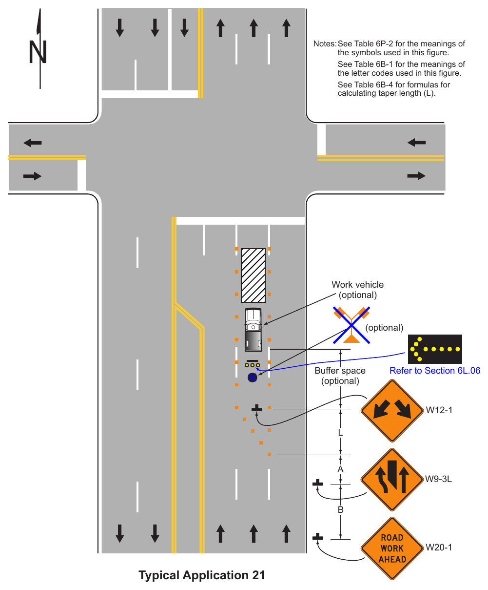 Figure 6P-21. Lane Closure on the Near Side of an Intersection (TA-21)