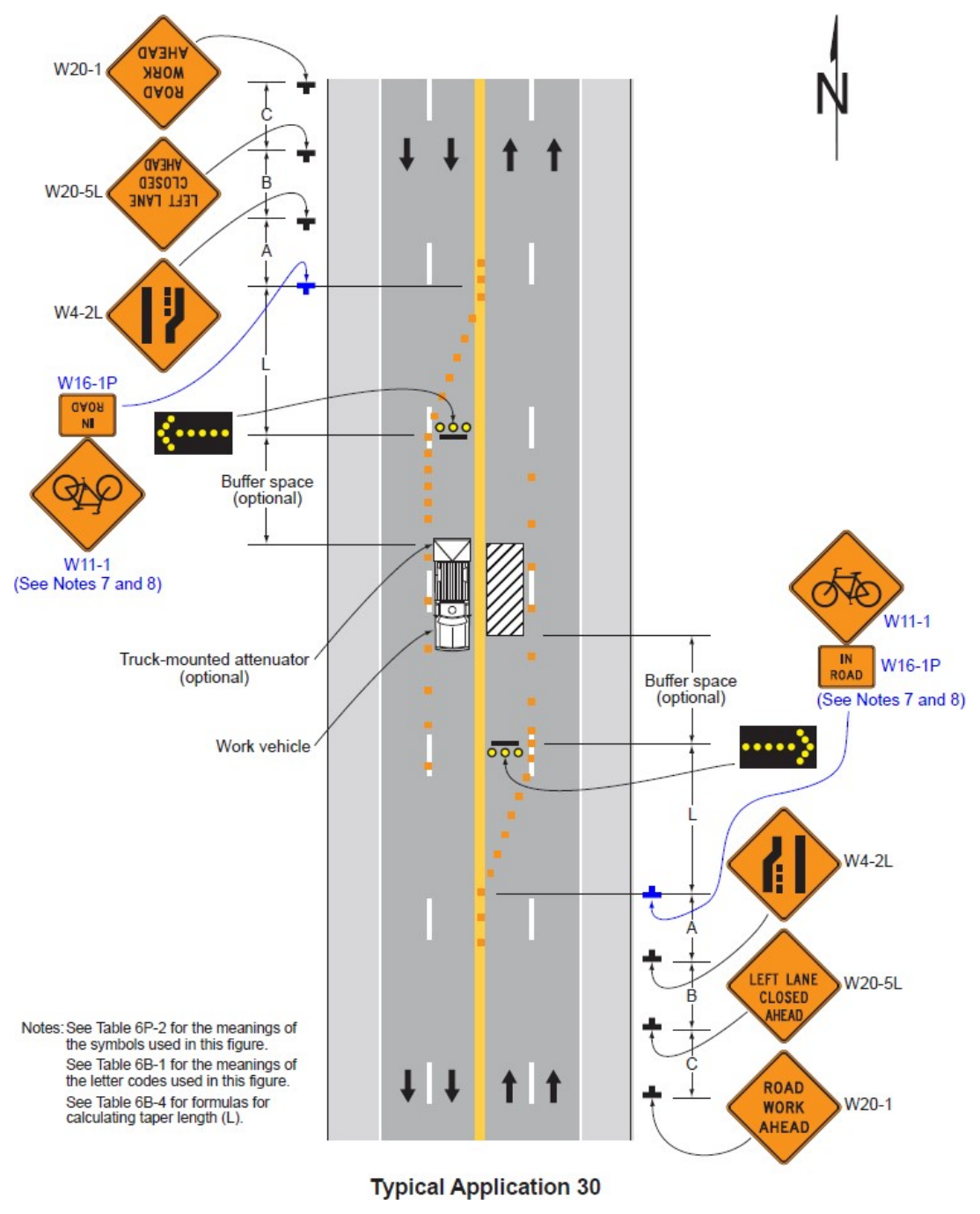 Figure 6P-30. Interior Lane Closure on a Multi-Lane Street (TA-30)