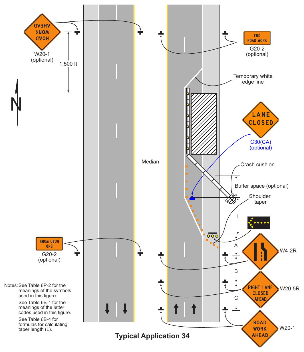 Figure 6P-34. Lane Closure with a Temporary Traffic Barrier (TA-34)