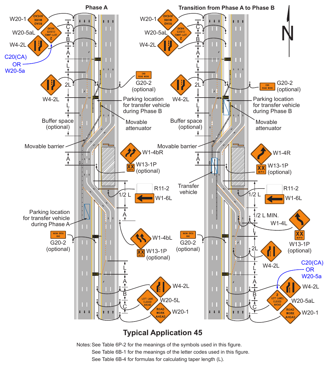 Figure 6P-45. Temporary Reversible Lane Using Movable Barriers (TA-45)