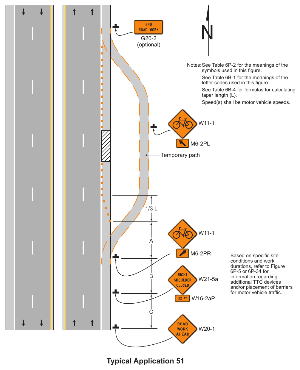 Figure 6P-51. Paved Shoulder Closure with a Bicycle Diversion onto a Temporary Path (TA-51)