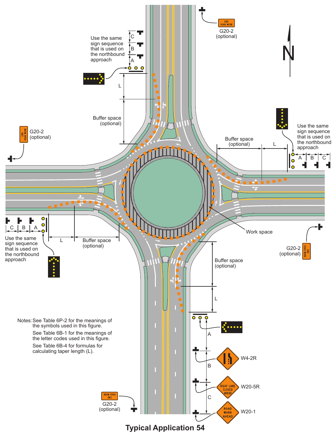 Figure 6P-54. Inside Lane Closure on a Multi-Lane Circular Intersection (TA-54)