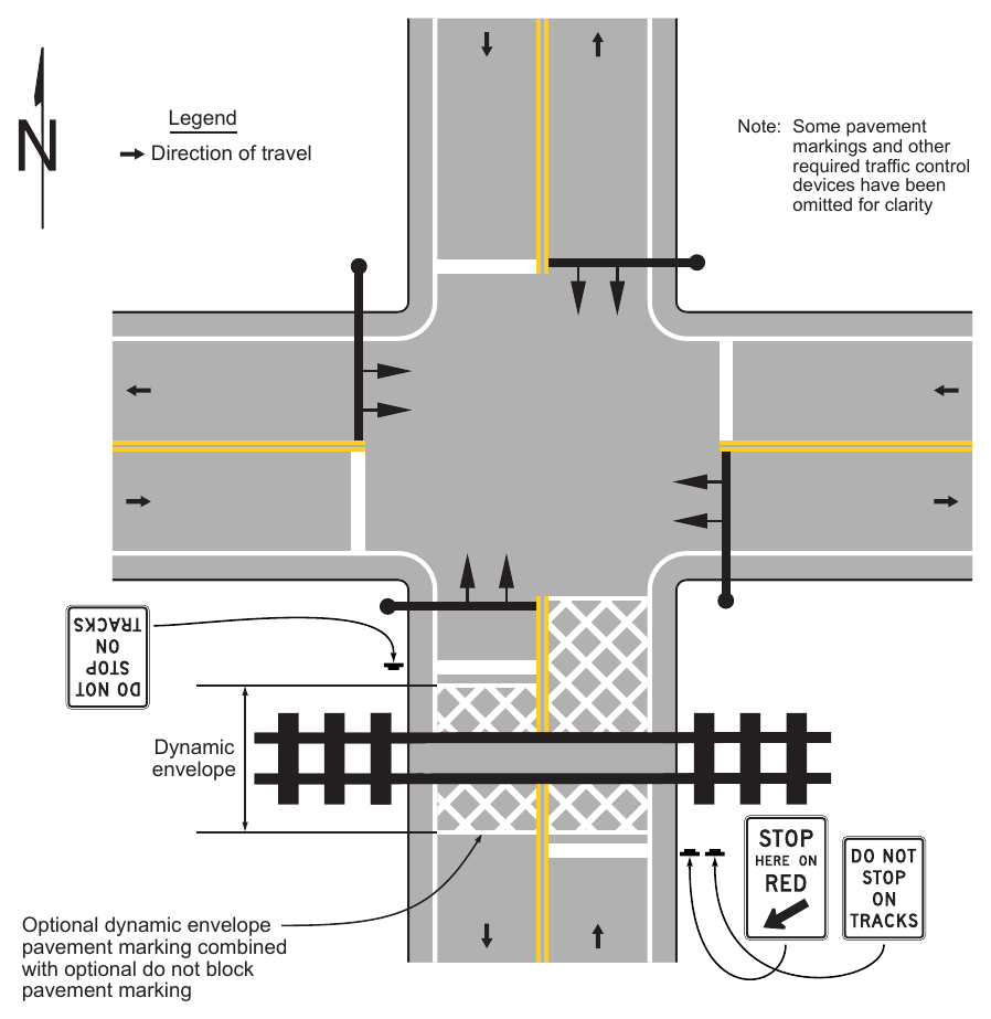 Figure 8C-4. Example of Dynamic Envelope and Do Not Block Pavement Markings at Grade Crossings