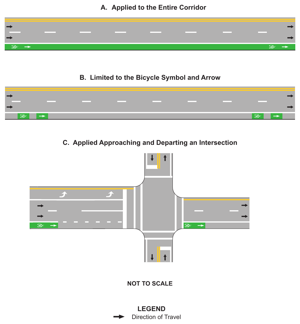 Figure 9E-109(CA). Examples of Optional Green-Colored Pavement Applications