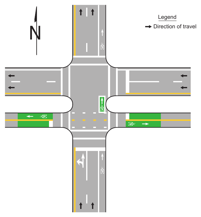 Figure 9E-11. Example of a Two-Stage Turn Box Location at an Intersection with a Two-Way Bikeway