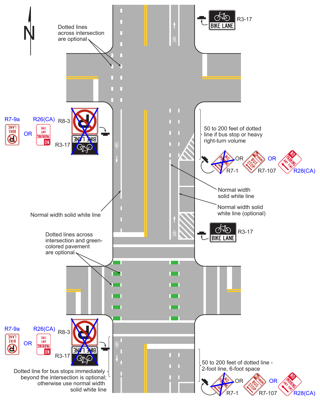 Figure 9E-2. Example of Pavement Markings for Bicycle Lanes on a Two-Way Street