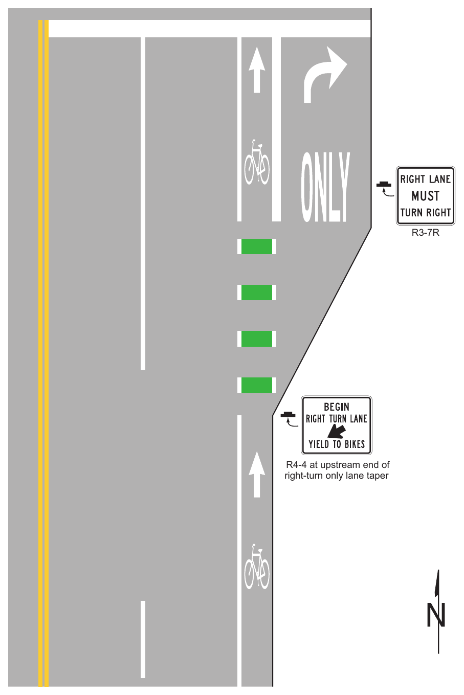 Figure 9E-3. Examples of Bicycle Lane Markings on an Approach to an Intersection (Sheet 1 of 3)