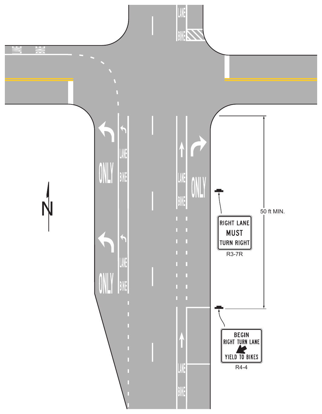 Figure 9E-3. Examples of Bicycle Lane Markings on an Approach to an Intersection (Sheet 3 of 3)