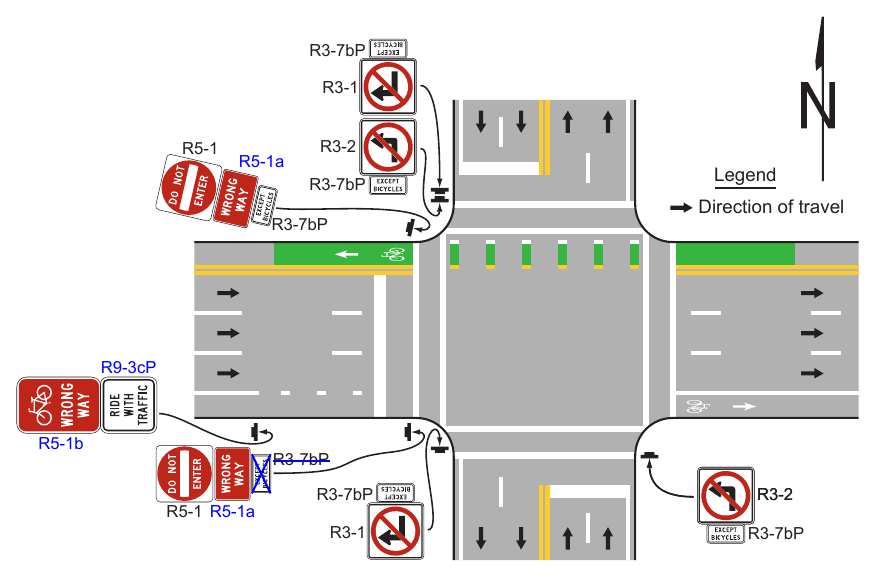 Figure 9E-8. Example of Counter-Flow Bicycle Lanes at an Intersection
