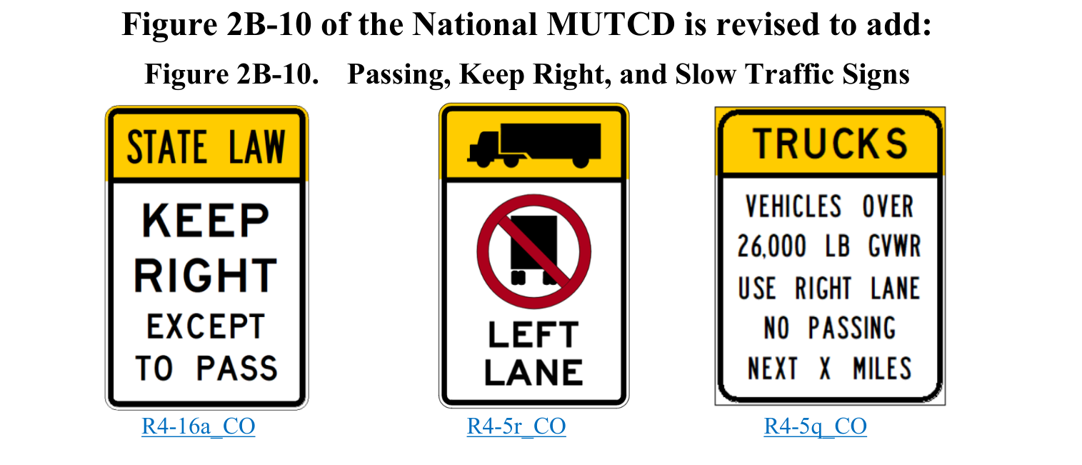 Figure 2B-10. Passing, Keep Right, and Slow Traffic Signs