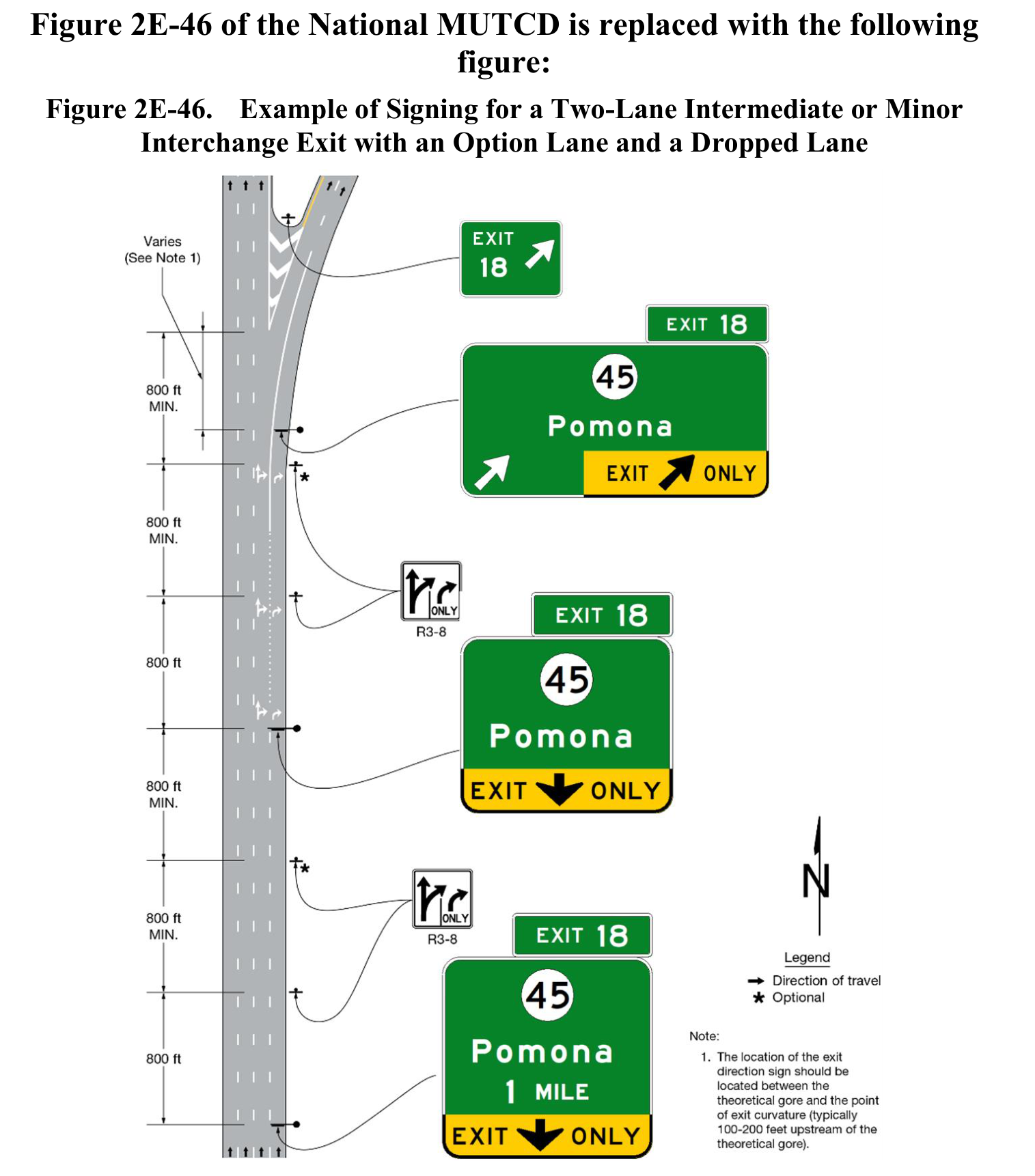Figure 2E-46. Example of Signing for a Two-Lane Intermediate or Minor Interchange Exit with an Option Lane and a Dropped Lane
