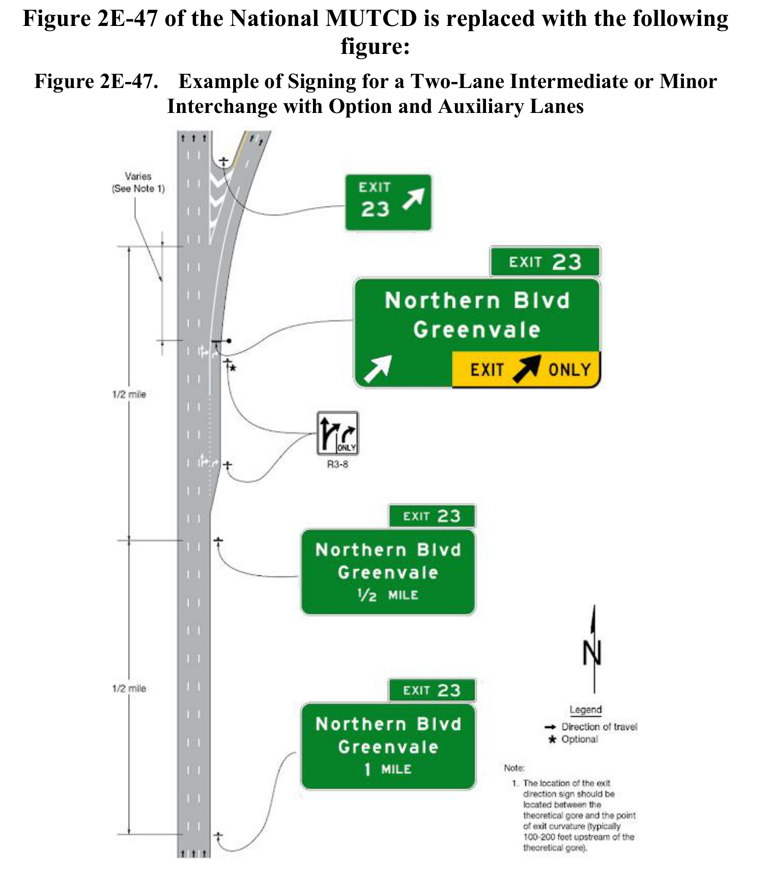 Figure 2E-47. Example of Signing for a Two-Lane Intermediate or Minor Interchange with Option and Auxiliary Lanes
