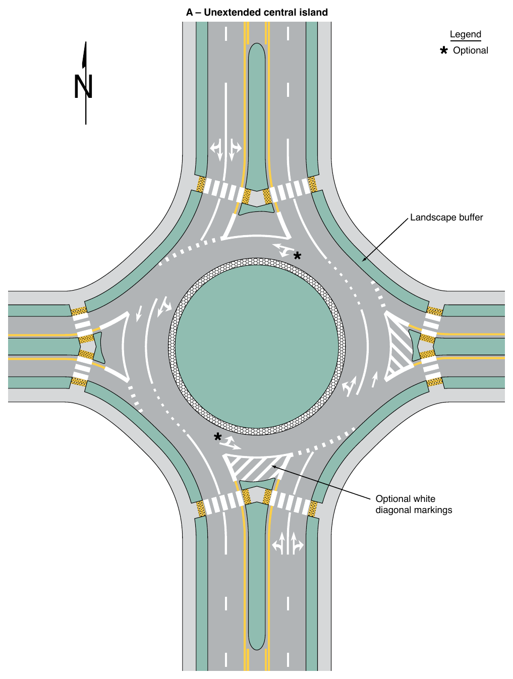 Figure 3D-3. Example of Markings for a Two-Lane Roundabout with One-Lane and Two-Lane Approaches (Sheet 1 of 2)